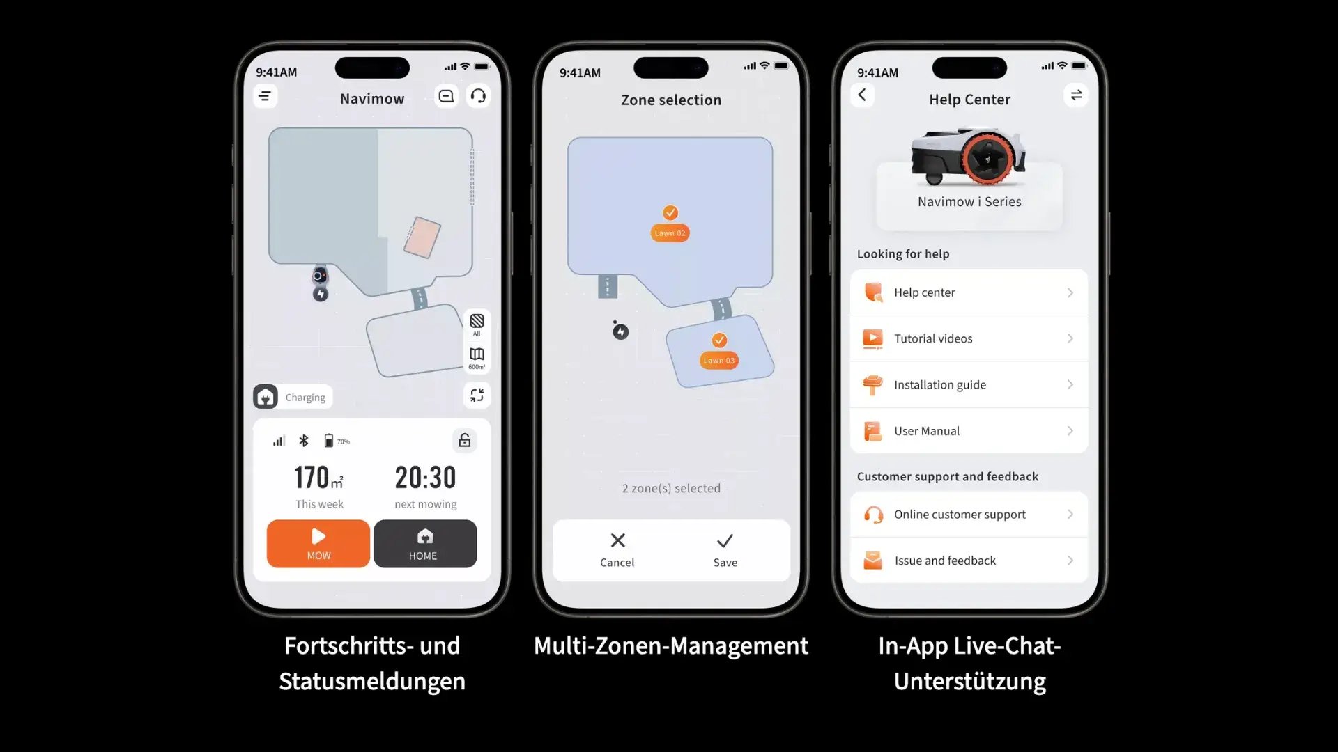 Segway Navimow X3 Series App zeigt Fortschrittsmeldungen, Multi-Zonen-Management und In-App Live-Chat-Unterstützung