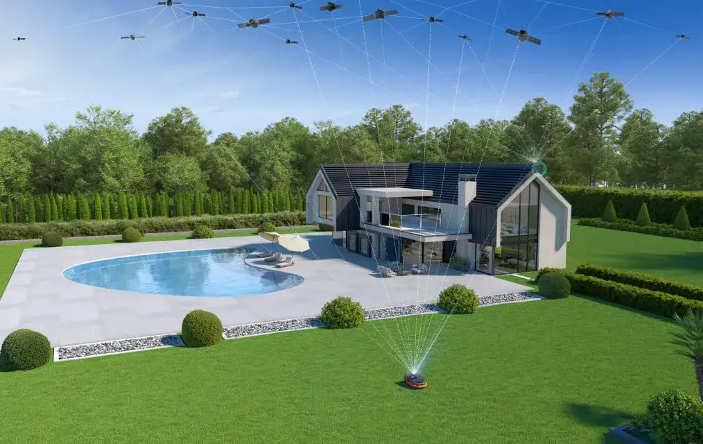 Segway Navimow X3 Series Mähroboter navigiert autonom einen großen Garten mit Pool und modernen Haus.