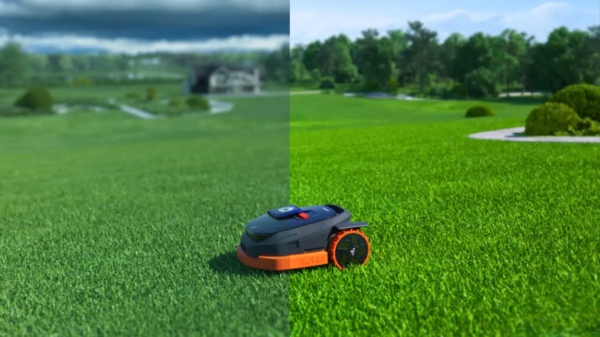 Segway Navimow X3 Series Mähroboter mäht einen großen Rasen, während sich das Wetter ändert.