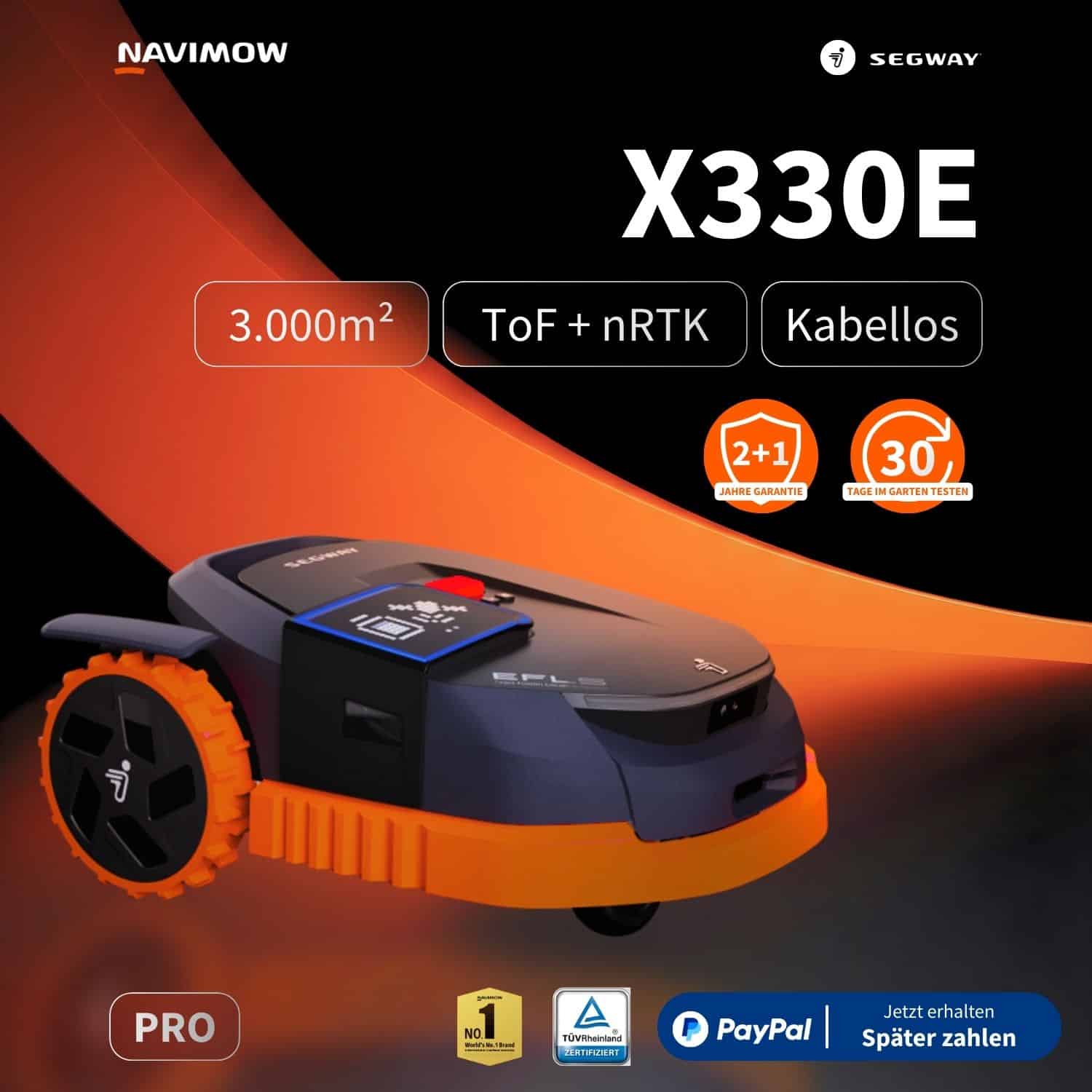 Segway Navimow X330E Mähroboter für bis zu 3.000 m² mit ToF-Sensor und nRTK-Navigation