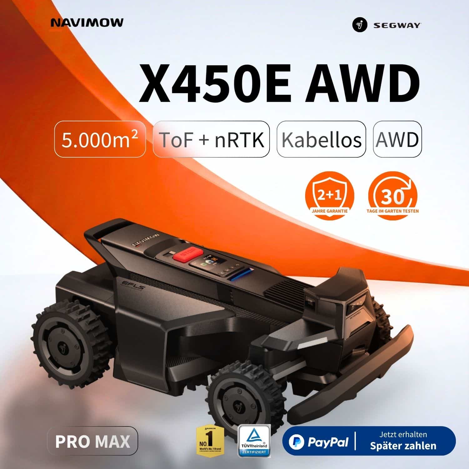 Segway Navimow X450E AWD Mähroboter mit Allradantrieb und 84 % Steigfähigkeit für 5.000 m²